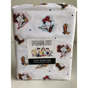 3 Pc PEANUTS Snoopy Cowboy Twin SHEET SET By Berkshire Super Soft White NEW